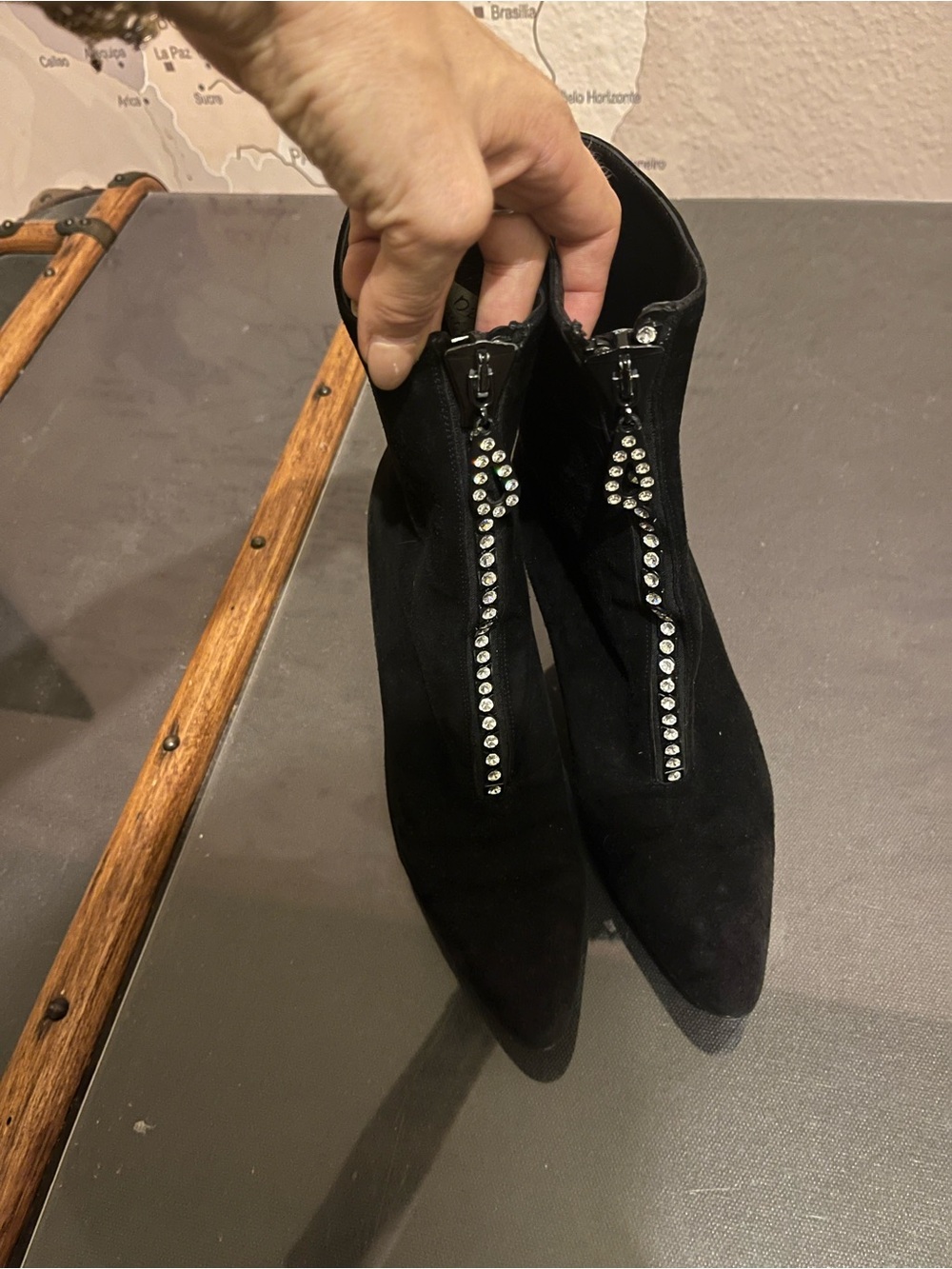 Yves Saint Laurent Black Suede Pointed Toe Ankle Boots with Rhinestone Zipper
